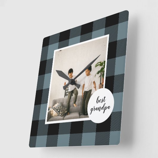 Horloge Carrée Meilleur Cadeau Grand-Père En Plaque Bleue Et Noir (Angle)