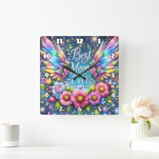 Horloge Carrée Meilleure maman : Ange des ailes, hommage floral