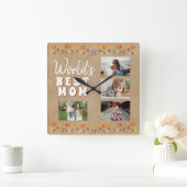 Horloge Carrée Meilleure maman Fleurs Floral Rustic Photo (Maison)