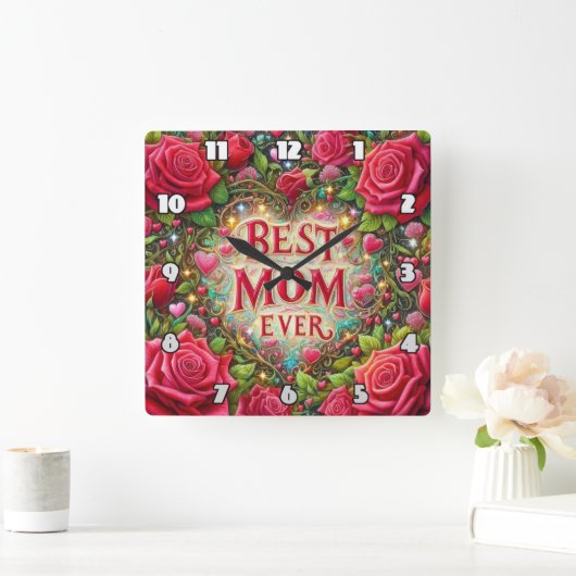 Horloge Carrée Meilleure maman : Roses, Coeurs, Golden Glow (Maison)