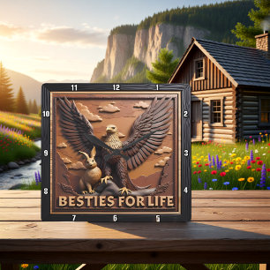 Horloge Carrée Meilleures Amies Aigle Lapin Texturé