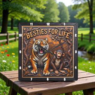 Horloge Carrée Meilleures Amies Singe Tigre Jungle