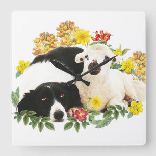 Horloge Carrée Meilleurs amis - Bordure Collie et petit agneau