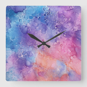 Horloge Carrée Mélange bleu violet Abstrait Nuages Aquarelle Art