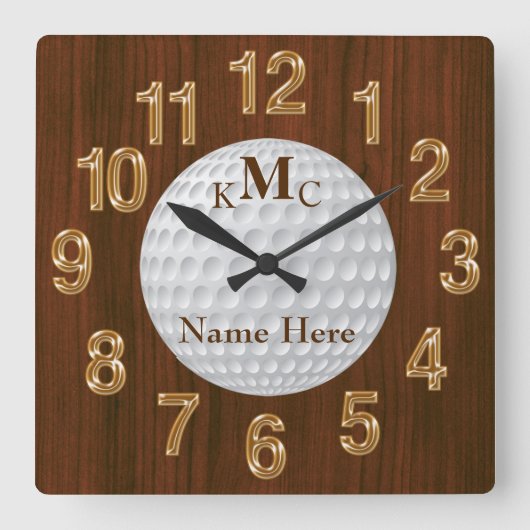 Horloge Carrée Men's Personalized Golf Clock on Faux Cherry Wood (Recto)