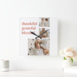 Horloge Carrée Merci gracieux béni | Photo personnalisée trois<br><div class="desc">Apportez chaleur et gratitude à votre maison avec notre horloge murale personnalisée Thankful, Grateful, Blessed, avec votre collage de trois photos. Ce garde-temps en acrylique moderne allie style et sentiment, ce qui en fait la pièce de déclaration parfaite pour votre cuisine, salon ou entrée. Idéal pour Thanksgiving et l’automne, c’est...</div>