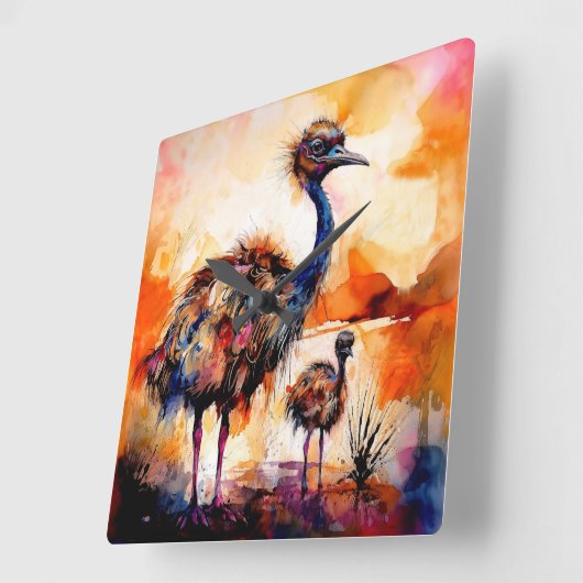 Horloge Carrée Mère Emu et poussin dans l'Outback Australie (Angle)