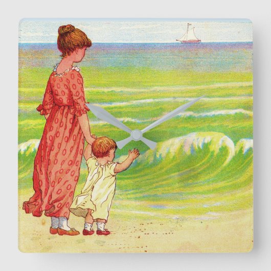 Horloge Carrée mère et bébé sur la plage (Recto)