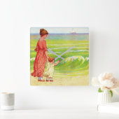Horloge Carrée mère et bébé sur la plage (Maison)