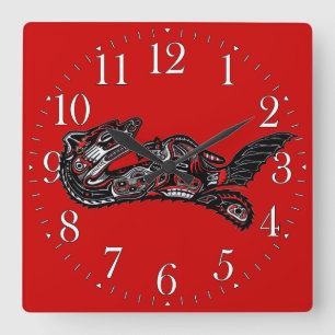 Horloge Carrée Mère Otter et Baby Otter de style haïda Art autoch