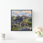 Horloge Carrée Mère Wolf & Pups Mountain River Valley (Maison)