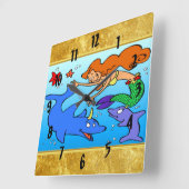 Horloge Carrée Mermaid comic ocean underwater dolphin work of art (Angle)