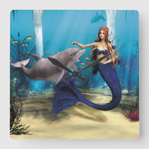 Horloge Carrée Mermaid et Dolphin