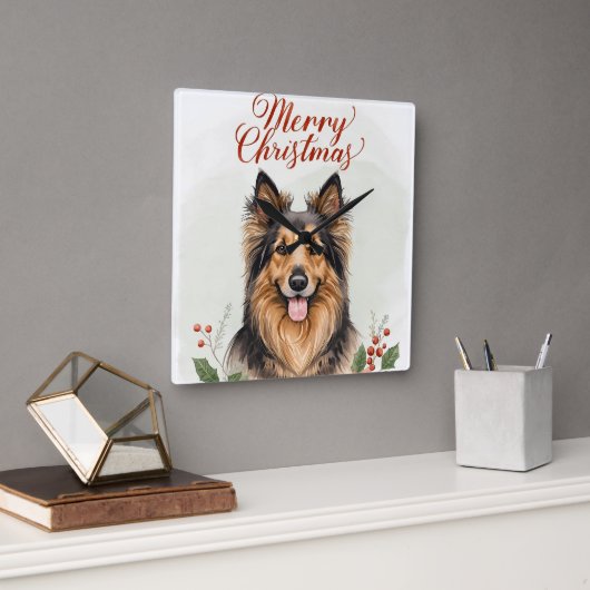 Horloge Carrée Merry Christmas Dog Festive Winter Home Wall Clock (Bureau)
