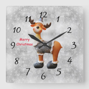 Horloge Carrée Merry Christmas moose wearing a hat     