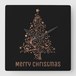 Horloge Carrée Métallc Brown Stars Christmas Tree Elegant Black
