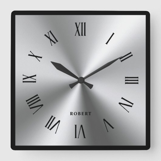 Horloge Carrée Metallic Silver Gray Black Border Roman Numerals (Recto)