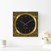 Horloge Carrée Métallic sombre or et Empreinte de léopard noir (Maison)