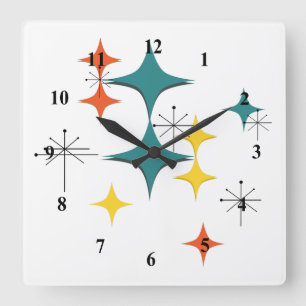 Horloge Carrée Mi-Siècle moderne Eames atomique Starbursts Numé