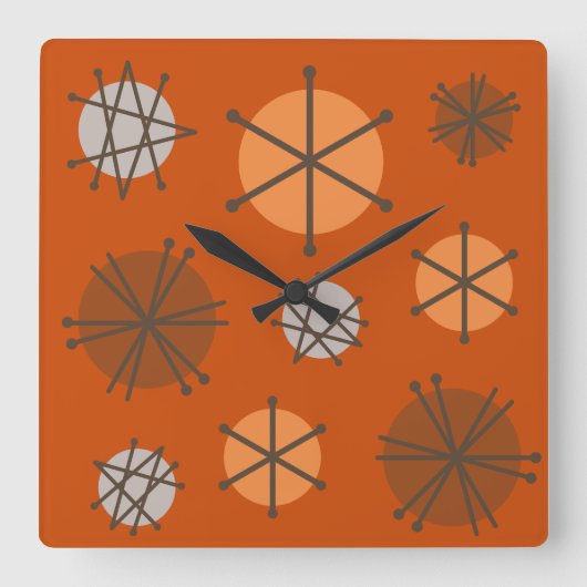 Horloge Carrée Mi-siècle Starbursts Modernes Brûlé Orange (Recto)