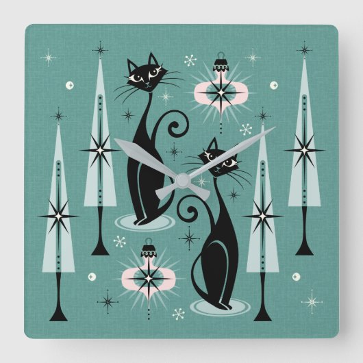 Horloge Carrée Mid Century Atomic Kitty Noël ©studioxtine (Recto)