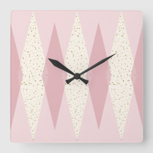 Horloge Carrée Mid Century Modern Pink Argyle Square Wall Clock