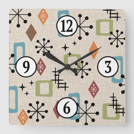 Horloge Carrée Mid Century moderne de l'âge atomique Motif de dém (Recto)