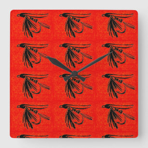 Horloge Carrée Midge in black on red fly fishing fly tying art