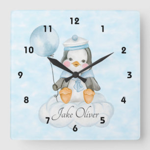 Horloge Carrée Mignon bébé manchot sur un nuage
