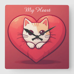 Horloge Carrée Mignon Chat Blanc avec Design Kawaii Kitty Love