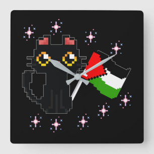 Horloge Carrée mignon chat noir tient drapeau de la Palestine