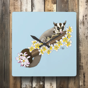 Horloge Carrée Mignon Sugar Glider Fleurs Tropicales de Plumeria