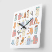 Horloge Carrée Mignons renards/choux/maisons/enfants/crèche blanc (Angle)