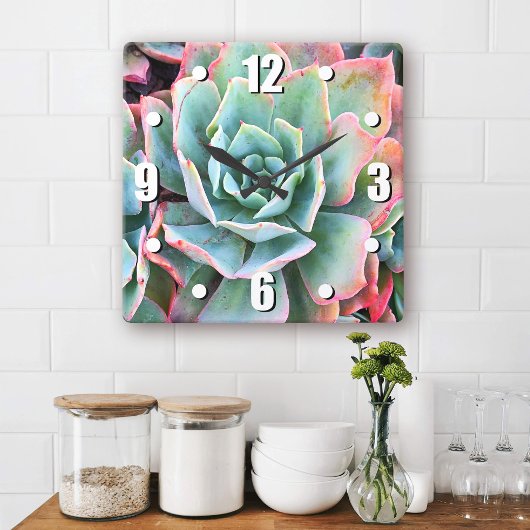Horloge Carrée Mint vert cactus succulent photo design moderne