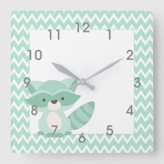 Horloge Carrée Mod Mint Chevron Raccoon Clock - chambre de bébé (Recto)