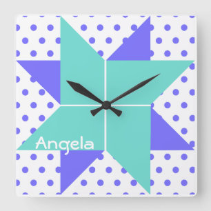 Horloge Carrée Modèle de bloc de patchwork Blue Pale Star