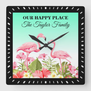 Horloge Carrée Modèle d'événement personnalisé Flamingos Tropicau