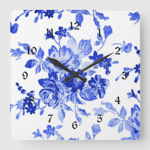 Horloge Carrée Modèle Floral bleu vintage et blanc
