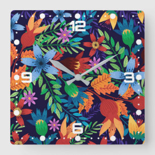 Horloge Carrée Modèle floral exotique coloré-32436