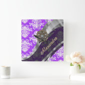 Horloge Carrée Modèle personnalisé violet joli girly damask (Maison)