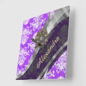Horloge Carrée Modèle personnalisé violet joli girly damask (Angle)