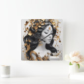 Horloge Carrée Modern Fantasy Art in Black and Gold (Maison)