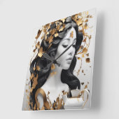 Horloge Carrée Modern Fantasy Art in Black and Gold (Angle)