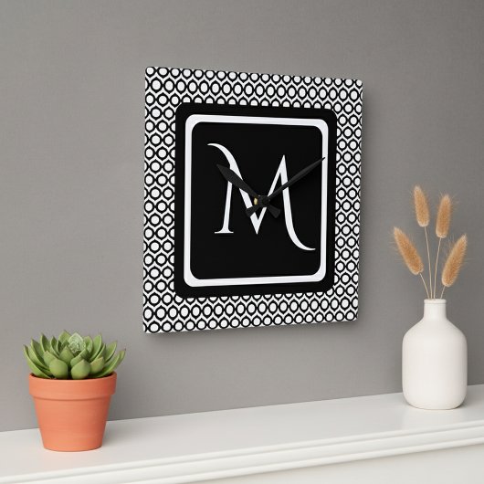 Horloge Carrée Modern Geometric Monogram Black White
