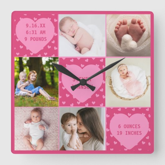Horloge Carrée Modern Newborn Baby Personalized 6 Photo Collage (Recto)