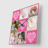 Horloge Carrée Modern Newborn Baby Personalized 6 Photo Collage (Angle)
