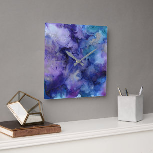 Horloge Carrée Modern purple & watercolor splatter
