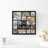 Horloge Carrée Modern Script FAMILLE Nom Photo Collage Monogramme (Maison)