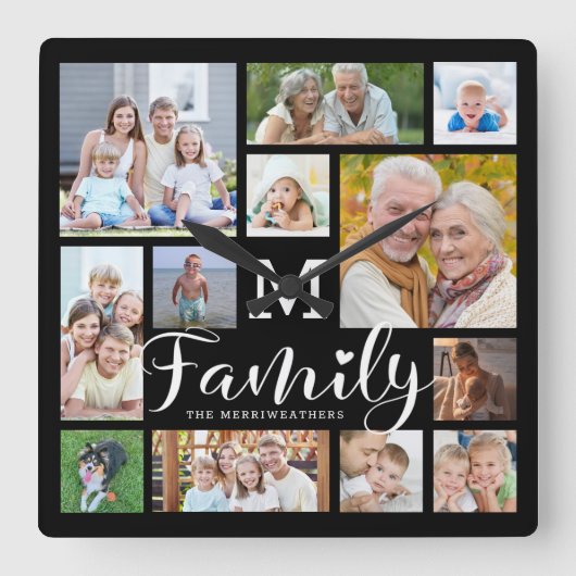 Horloge Carrée Modern Script FAMILLE Nom Photo Collage Monogramme (Recto)