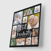 Horloge Carrée Modern Script FAMILLE Nom Photo Collage Monogramme (Angle)